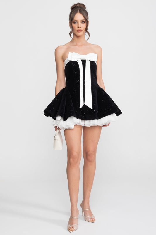 Strapless Crystal Velvet Mini Dress with Satin Bow and Ruffle Hem – Black