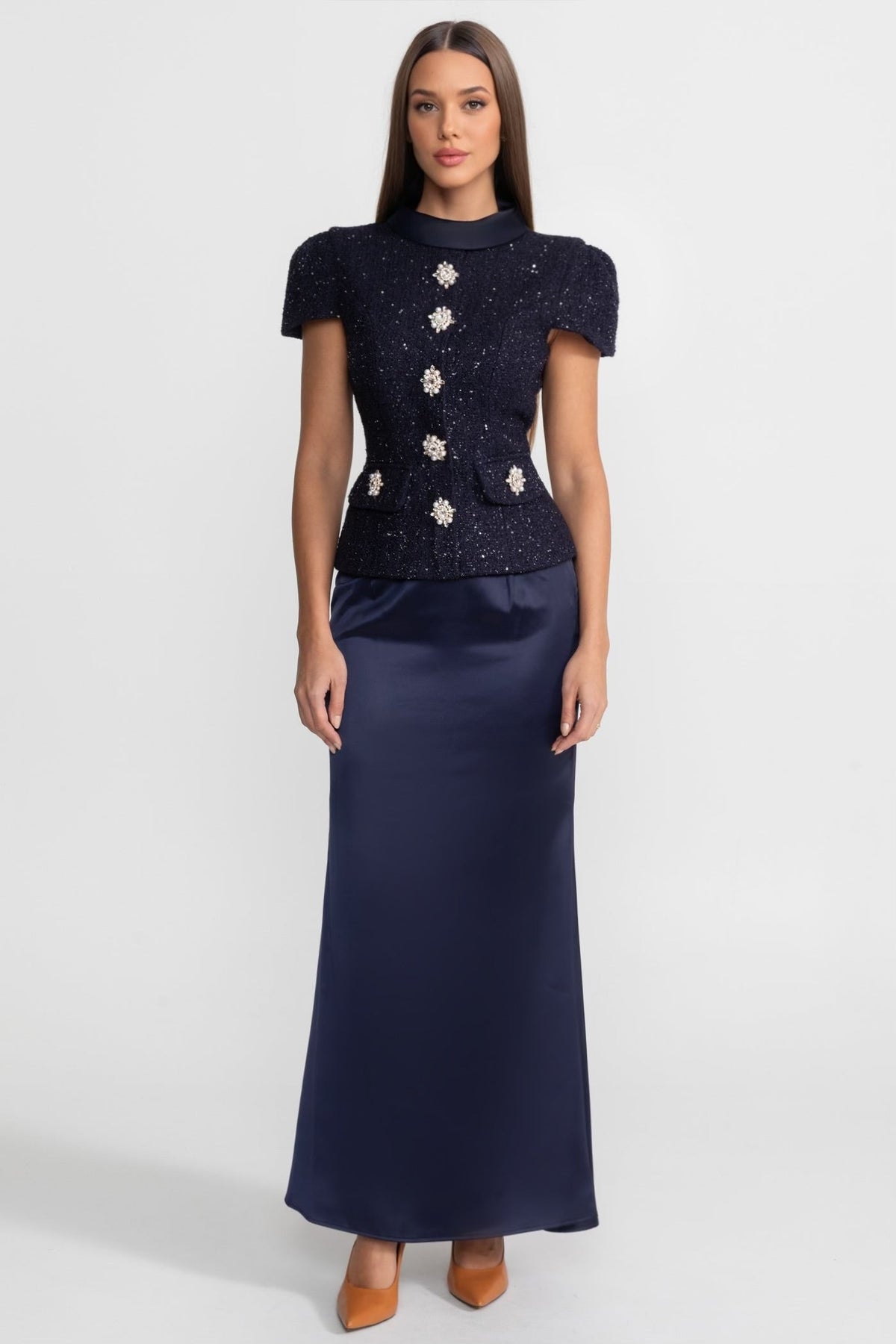 Embellished Tweed Top and Satin Maxi Skirt Co-ord Set – Navy