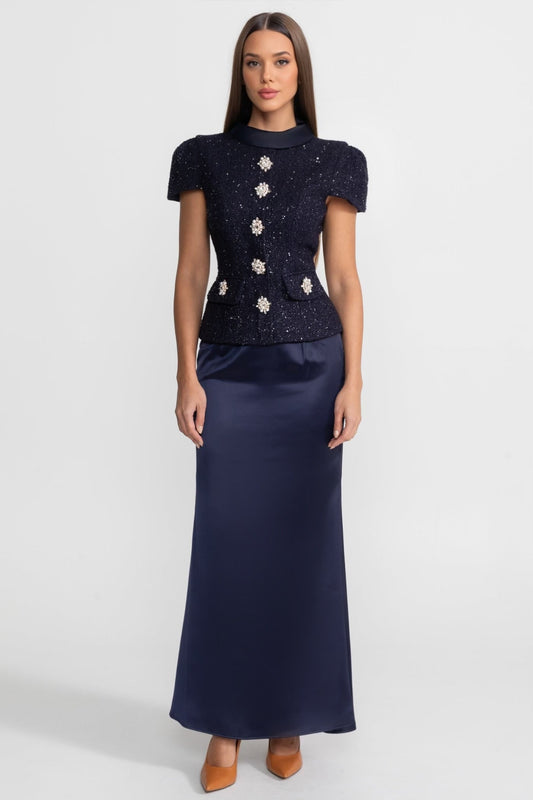 Embellished Tweed Top and Satin Maxi Skirt Co-ord Set – Navy