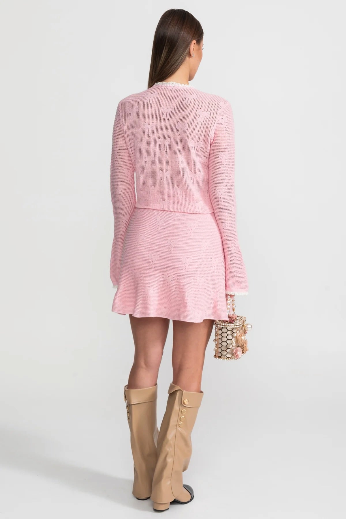 Bow Pattern Knit Mini Skirt Co-ord Set with Pearl Buttons – Baby Pink – view 3