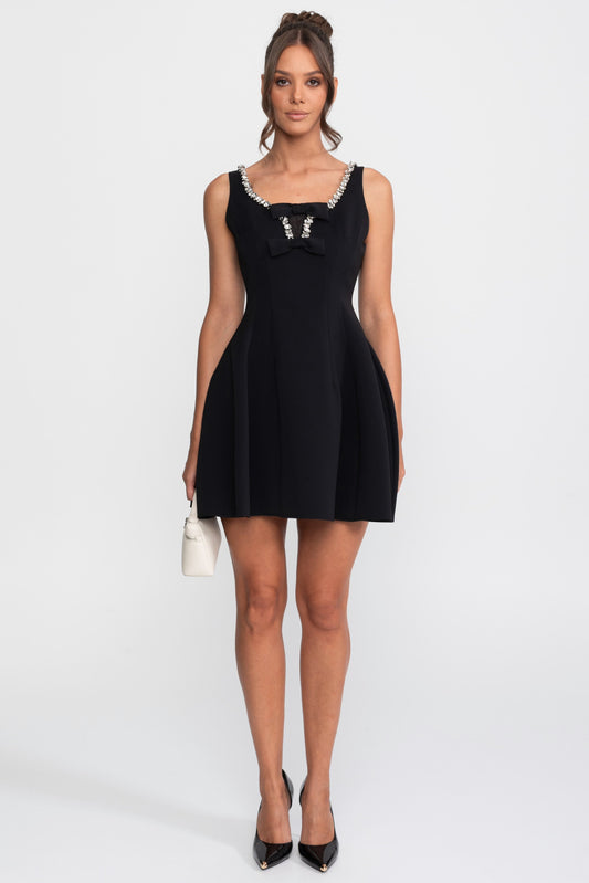 Crystal Trim Fit and Flare Mini Dress with Double Chest Bow – Black