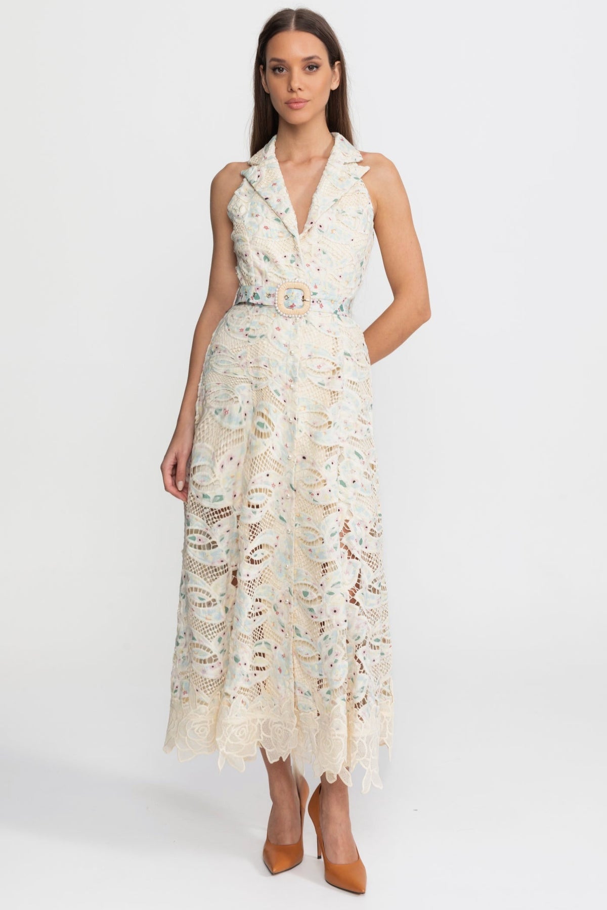 Embroidered Lace Halter V-Neck Belted Midi Dress – Ivory – view 3
