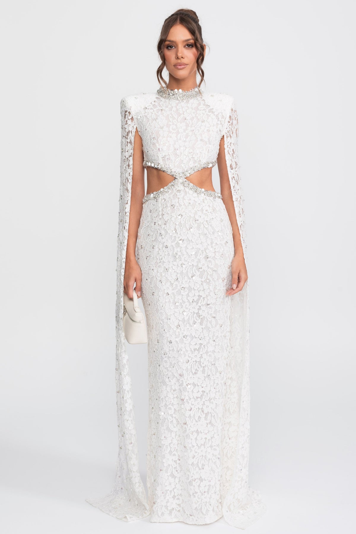 Crystal Cutout Lace Column Gown with Sequins and Cape Sleeves – White
