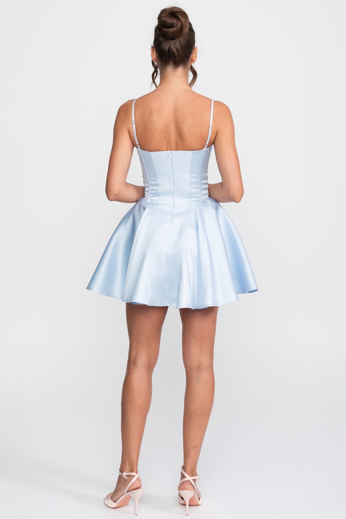 Satin Sweetheart Fit-and-Flare Mini Dress with Lace Trim – Blue – view 8