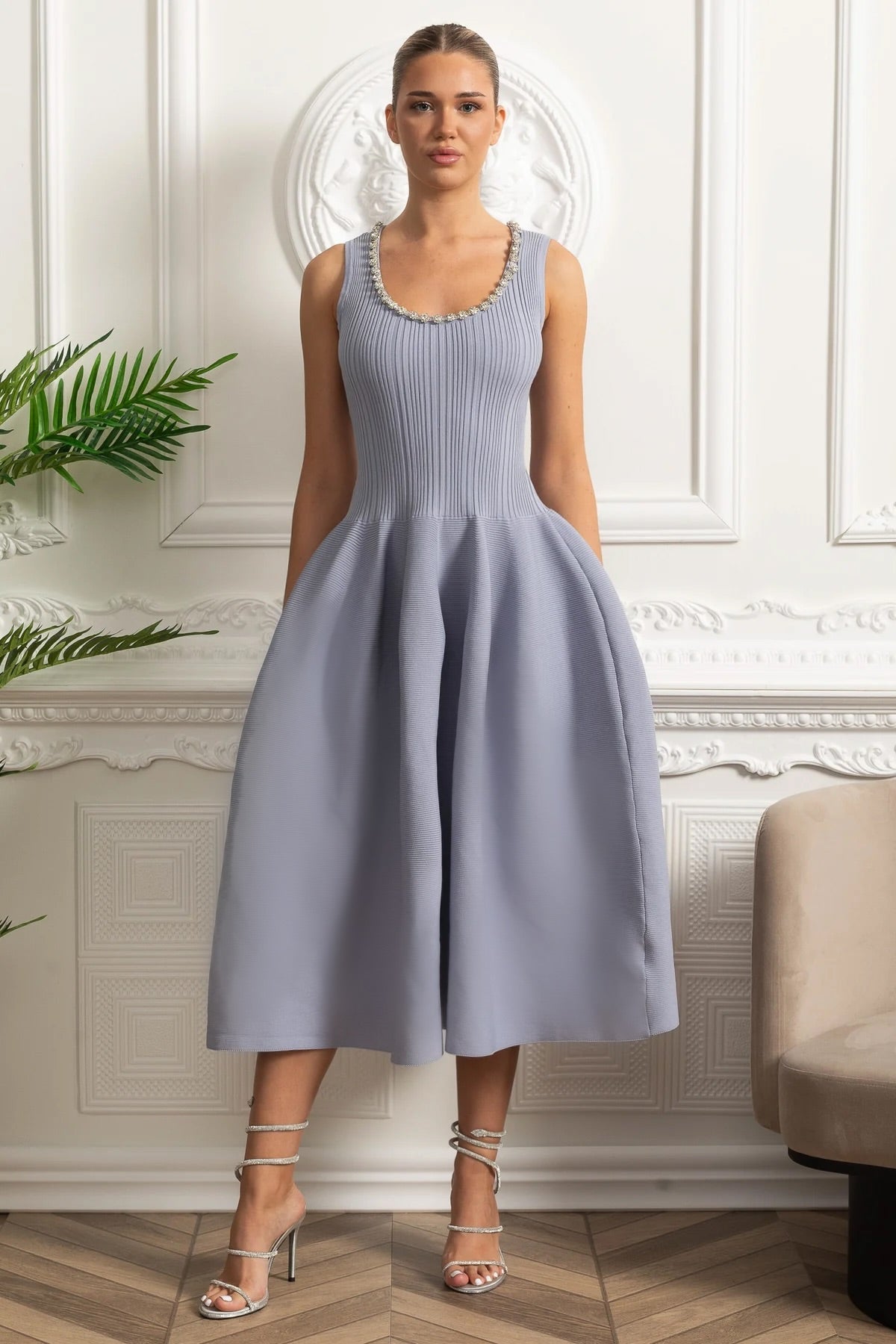 Beaded Scoop Neck Ribbed Knit A-Line Midi Dress – Baby Blue – view 1
