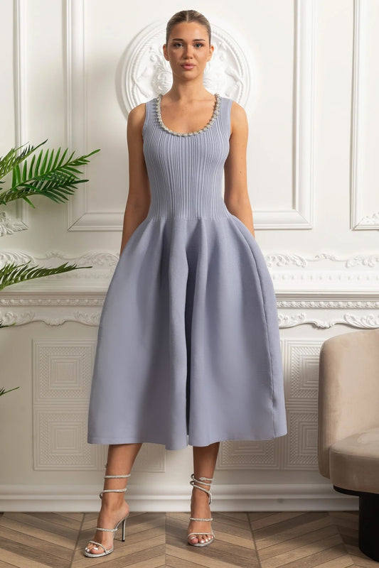 Beaded Scoop Neck Ribbed Knit A-Line Midi Dress – Baby Blue