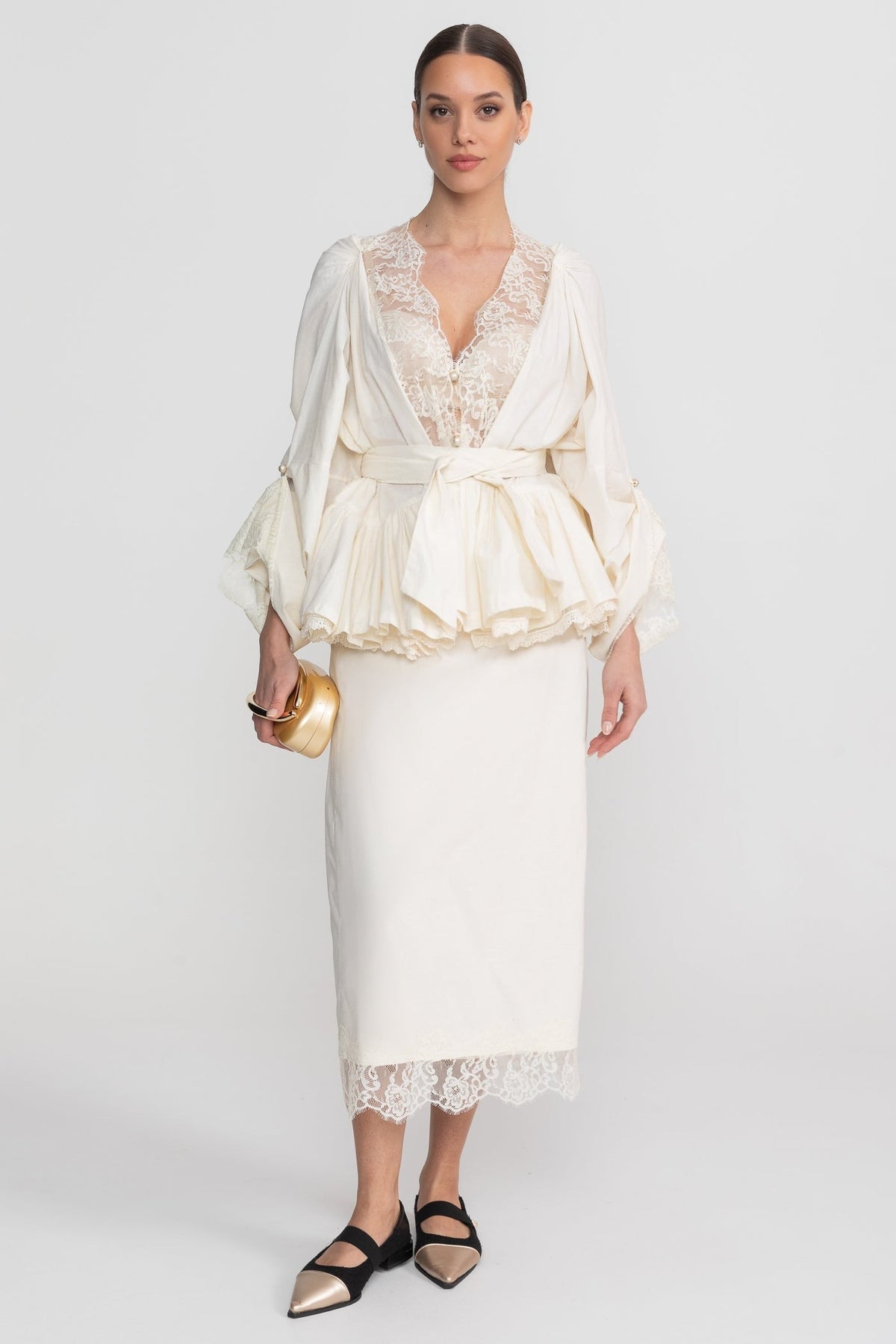Belted Peplum Blouse and Midi Skirt Co-ord Set with Lace Inserts – Ivory