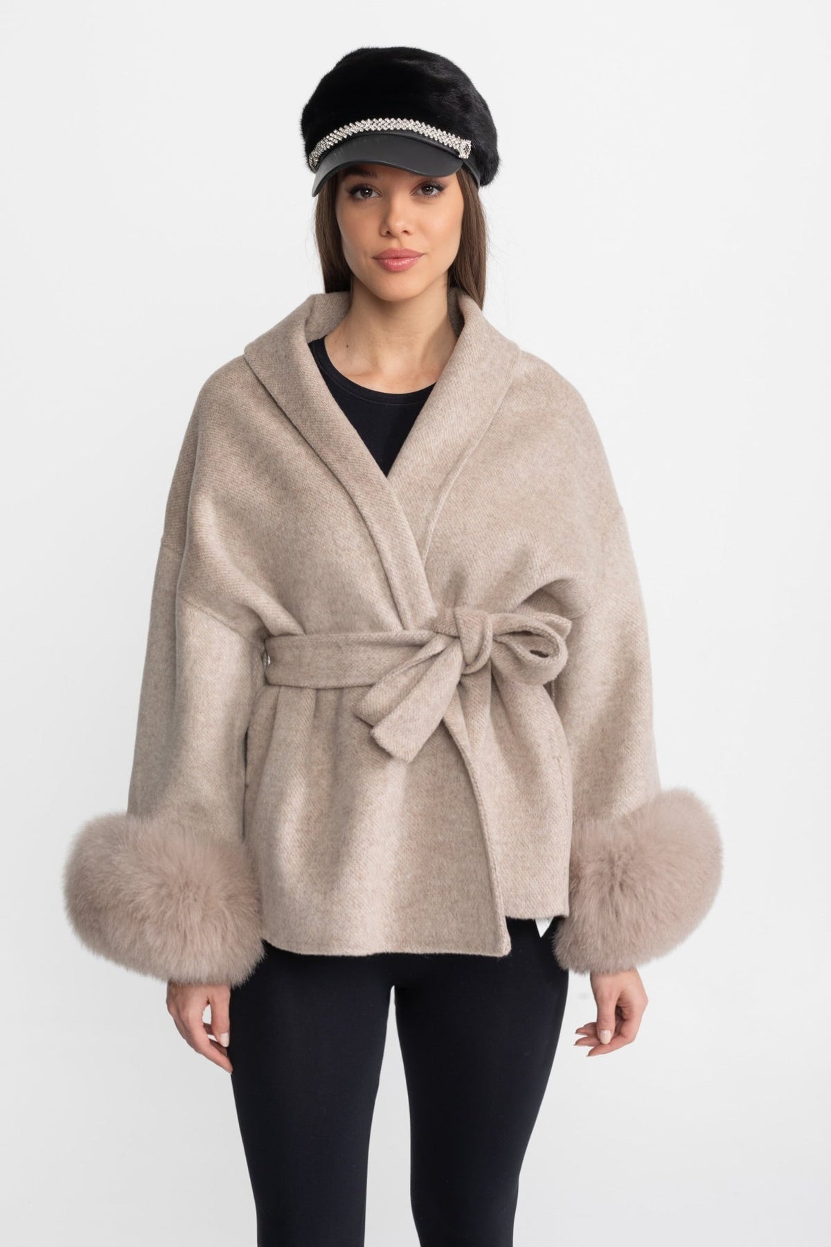 Wool Blend Wrap Jacket with Plush Cuffs – Beige – view 1