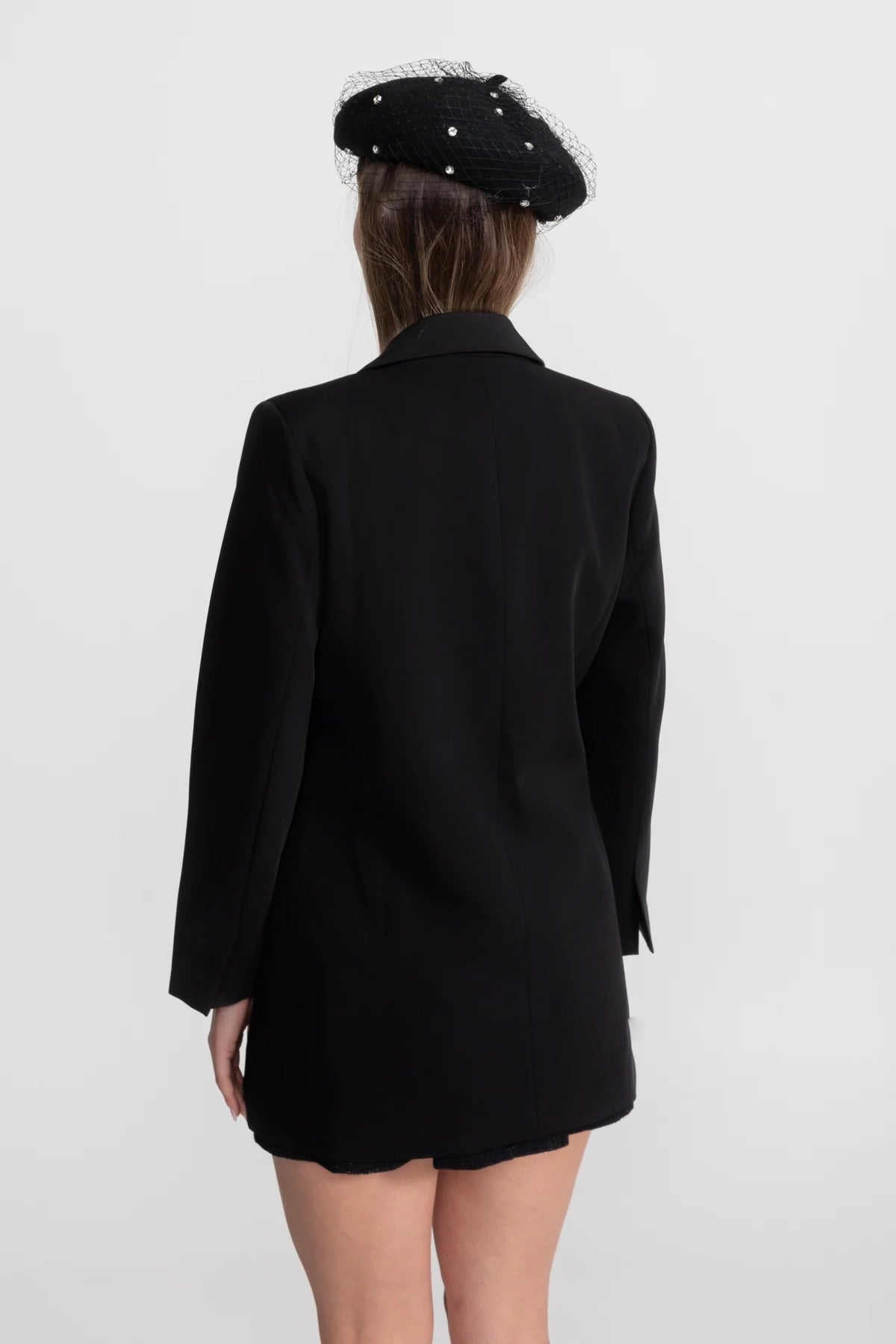Single-Breasted Tailored Crepe Blazer with Buckle Belt – Black – view 4