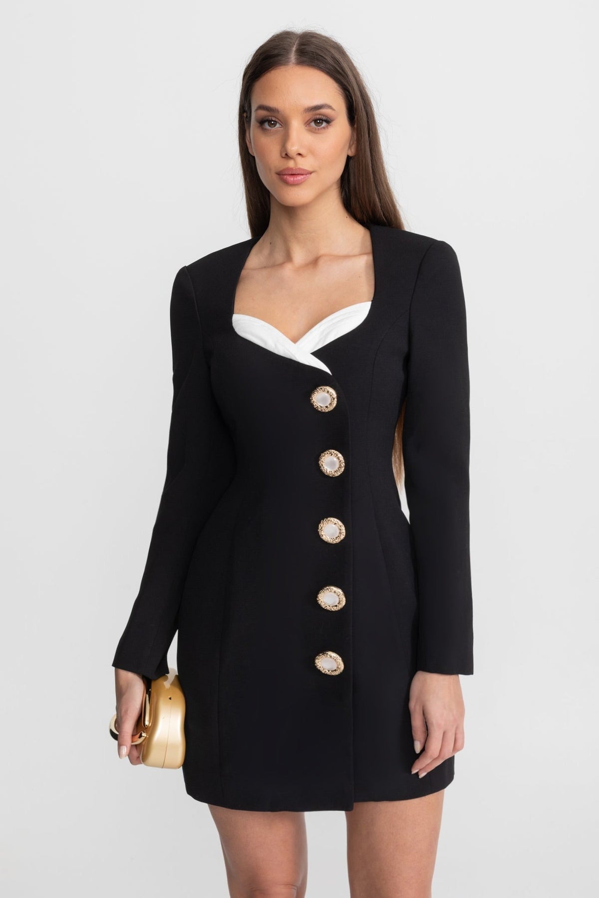 Long Sleeve Square Neck Tailored Mini Dress with Contrast Bust – Black