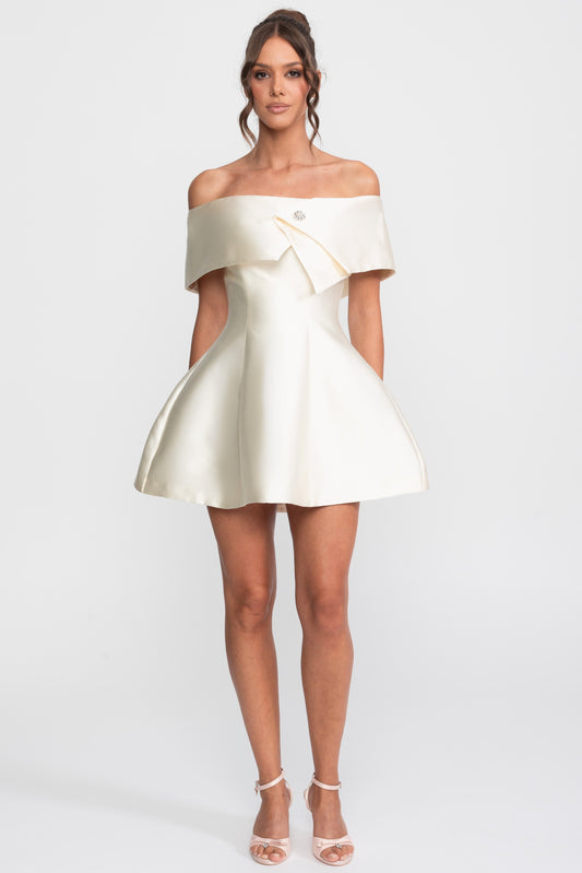 Off-Shoulder Satin Fit and Flare Mini Dress with Crystal Brooch – Ivory – view 2