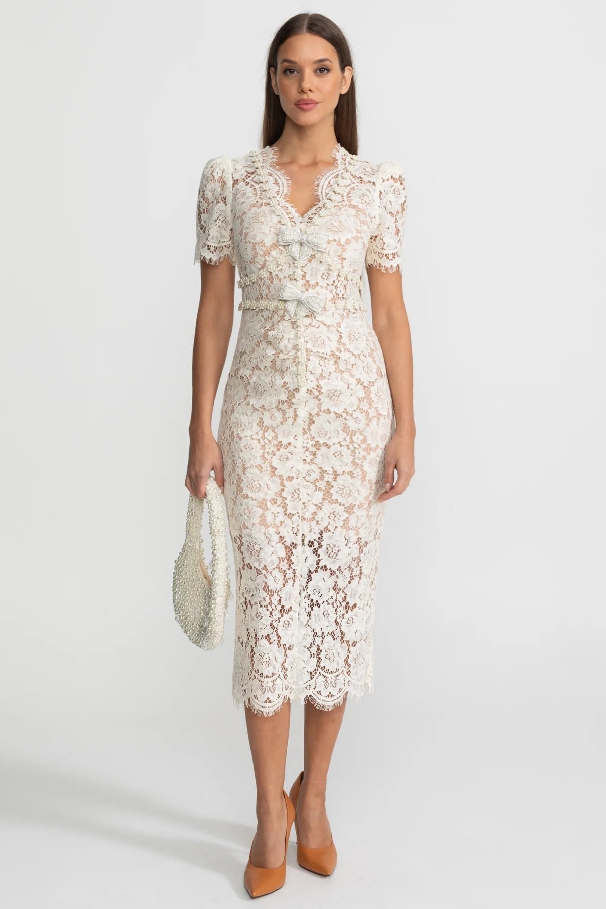 Floral Lace Scalloped Neck Midi Dress with Crystal Bows – Ivory – view 2