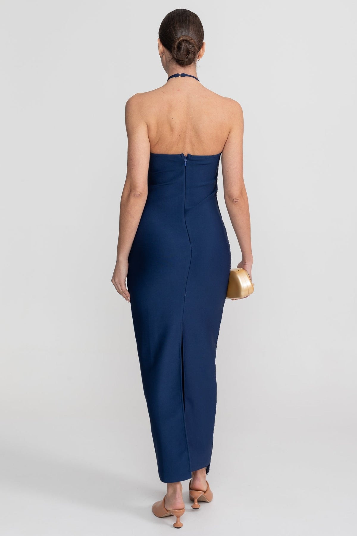 Pleated Halter Neck Body-Contouring Dress with Front Slit – Blue – view 4