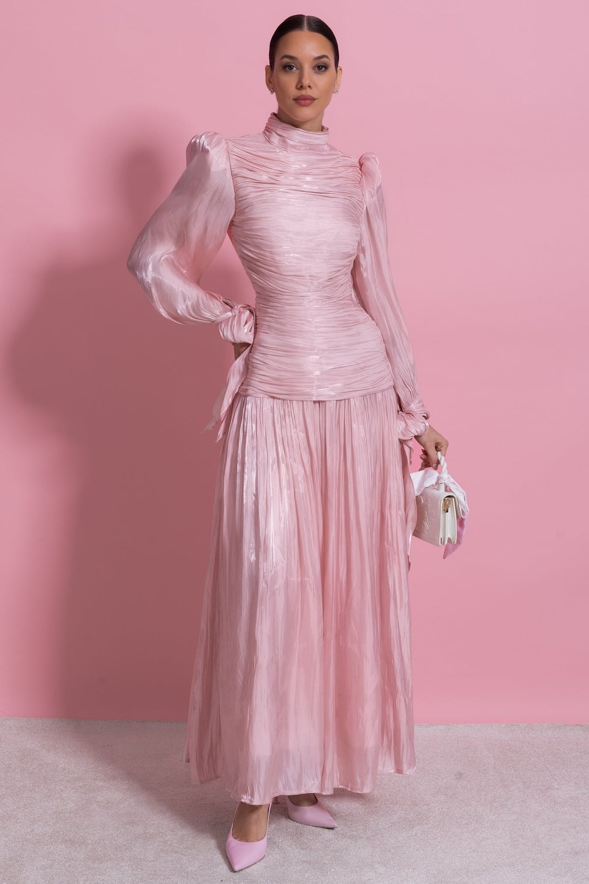 Ruched Mock Neck Long Sleeve Maxi Dress with Pleated Skirt – Blush Pink – view 3