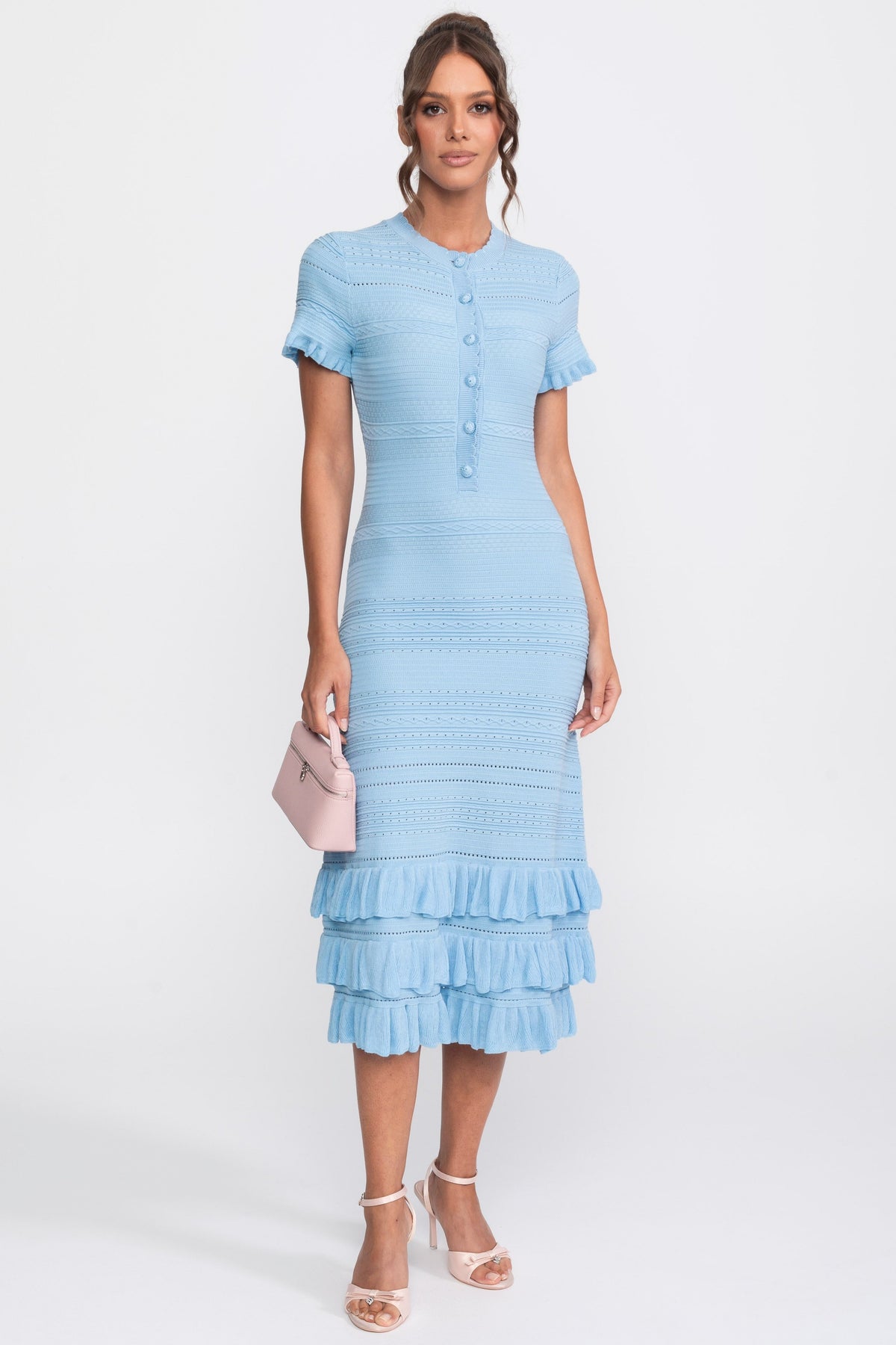 Textured Knit Button Front Midi Dress with Ruffle Hem – Sky Blue