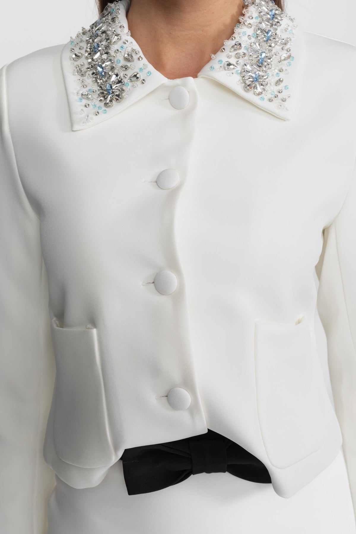 Cropped Tailored Jacket with Crystal and Bead Embellished Collar – White – view 5