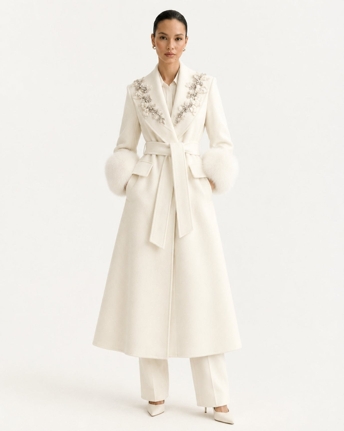 Hamptons Long Wool Cashmere Coat with Embellished Collar – view 23