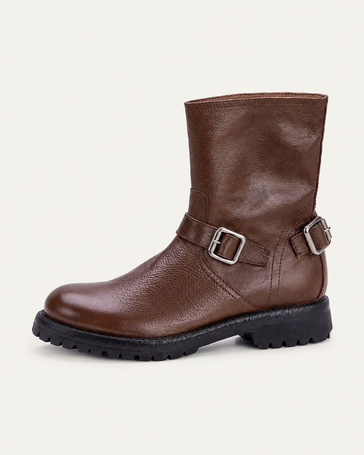 Retro Distressed Full-Grain Leather Half-Zip Biker Boots – Brown – view 1