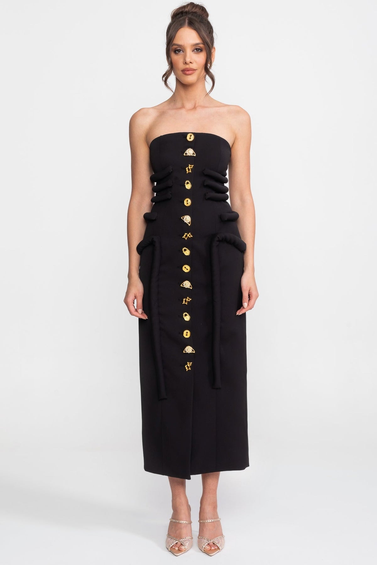 Strapless Midi Dress with Sculptural Knotted Bodice and Jewel Buttons – Black – view 2