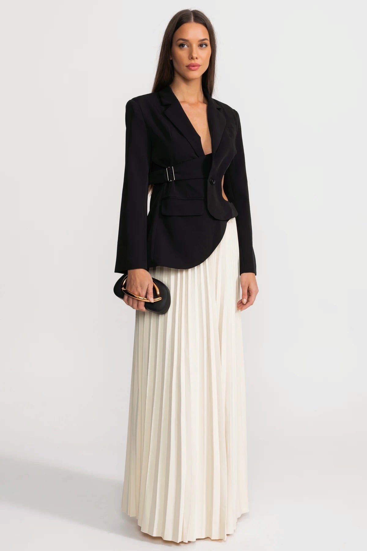Asymmetric Cut-Out Blazer with Notched Lapels and Belt – Black