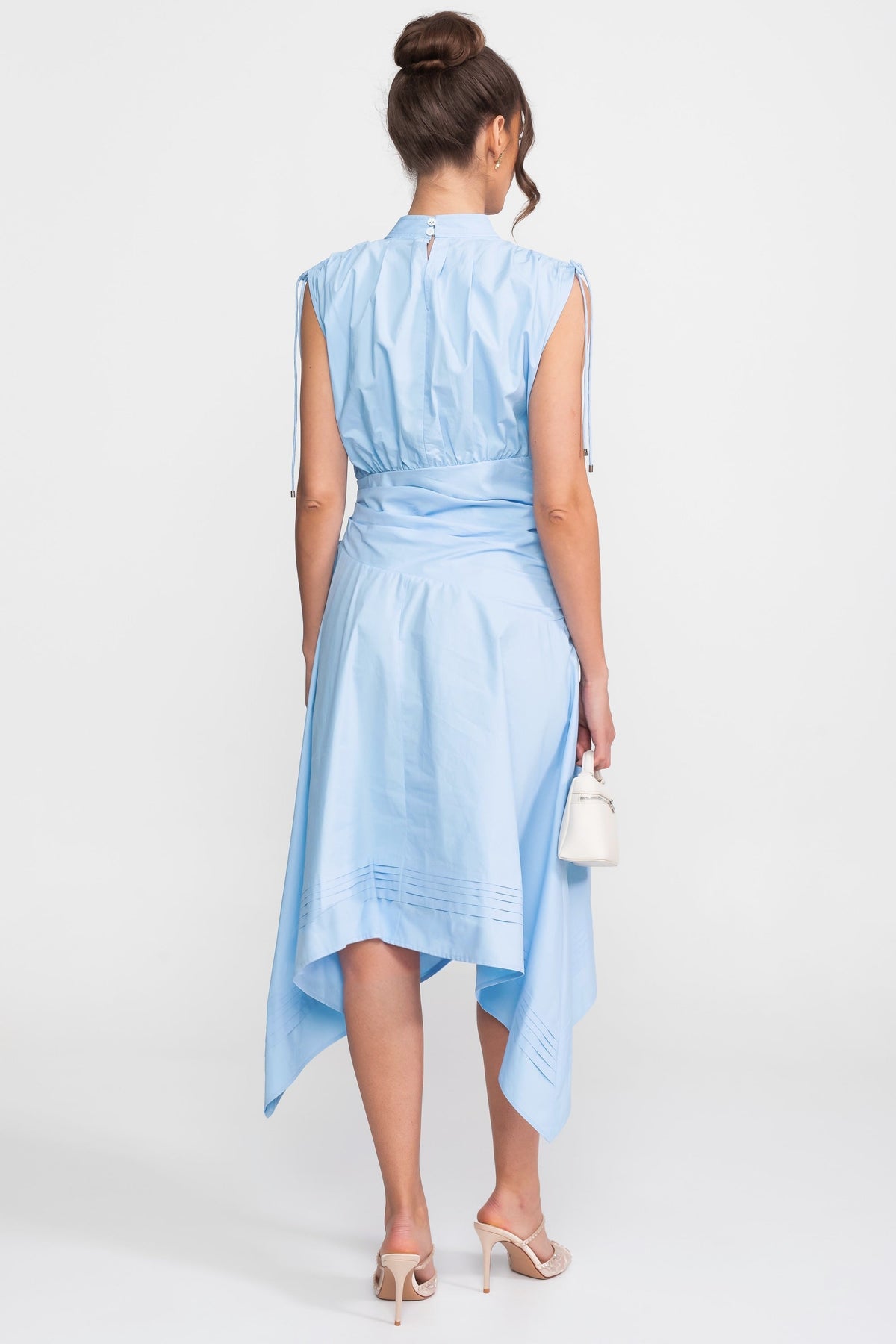 High Neck Ruched Waist Midi Dress with Handkerchief Hem – Light Blue – view 6