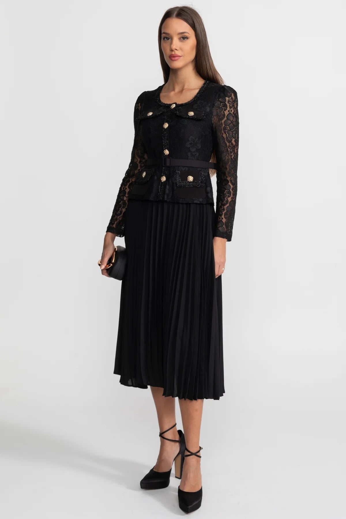 Lace Bodice Pleated Chiffon Midi Dress with Gold Buttons – Black – view 2