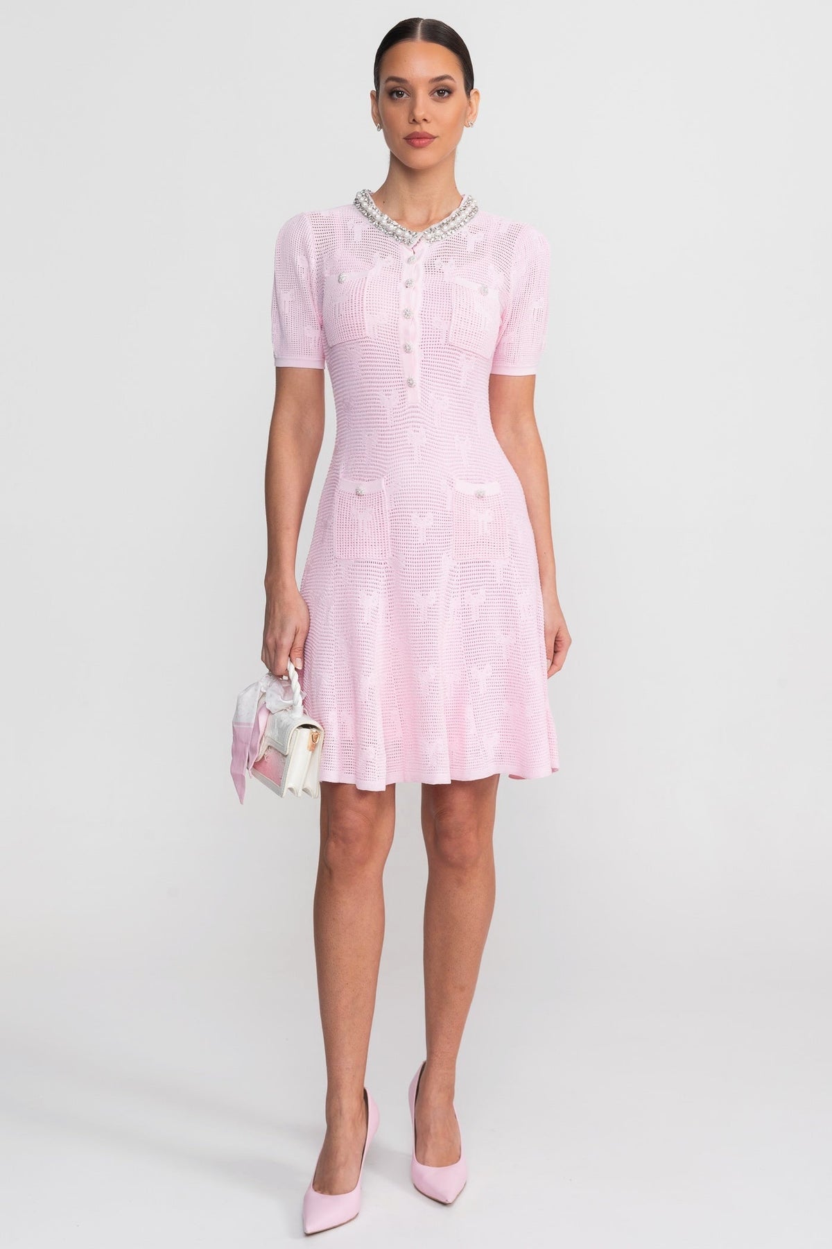 Textured Knit A-Line Mini Dress with Pearl Trim Neckline – Pink – view 4