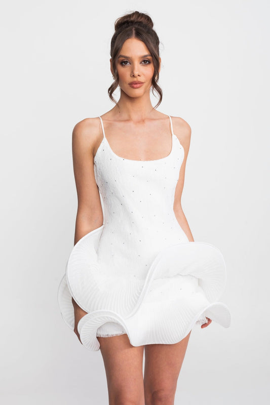 Square Neck Babydoll Mini Dress with Sparkling Embellishments – White