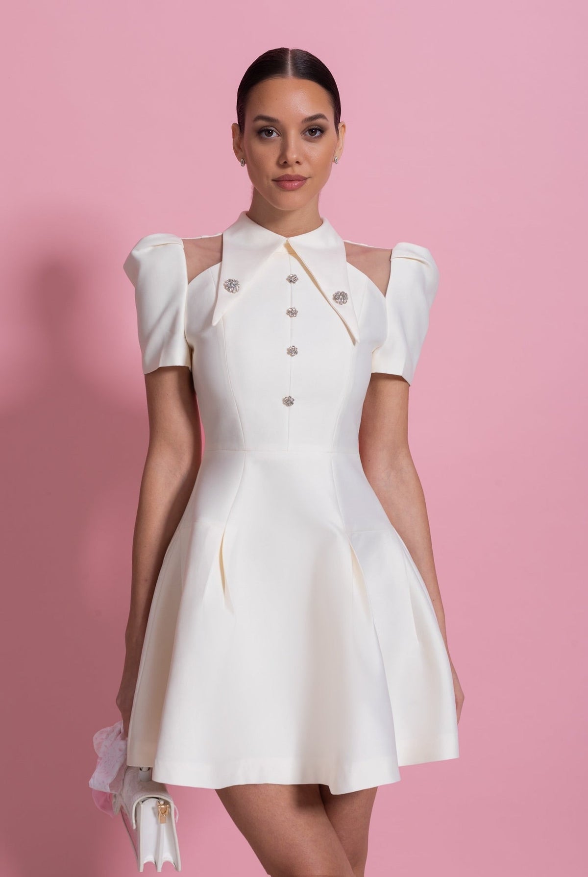 Doll Style V-Neck Mini Dress with Jewel Buttons and Flap Pockets – Ivory – view 5