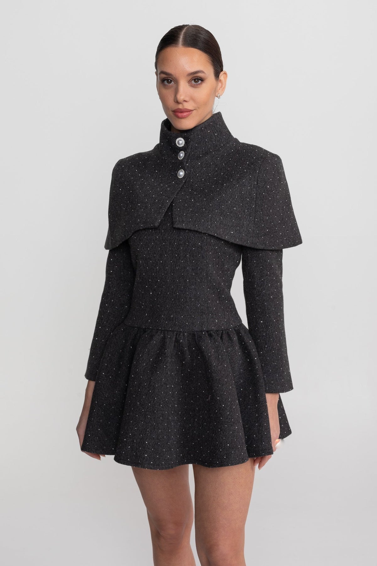 Long Sleeve Mini Dress with Stand Collar and Detachable Cape – Charcoal – view 4
