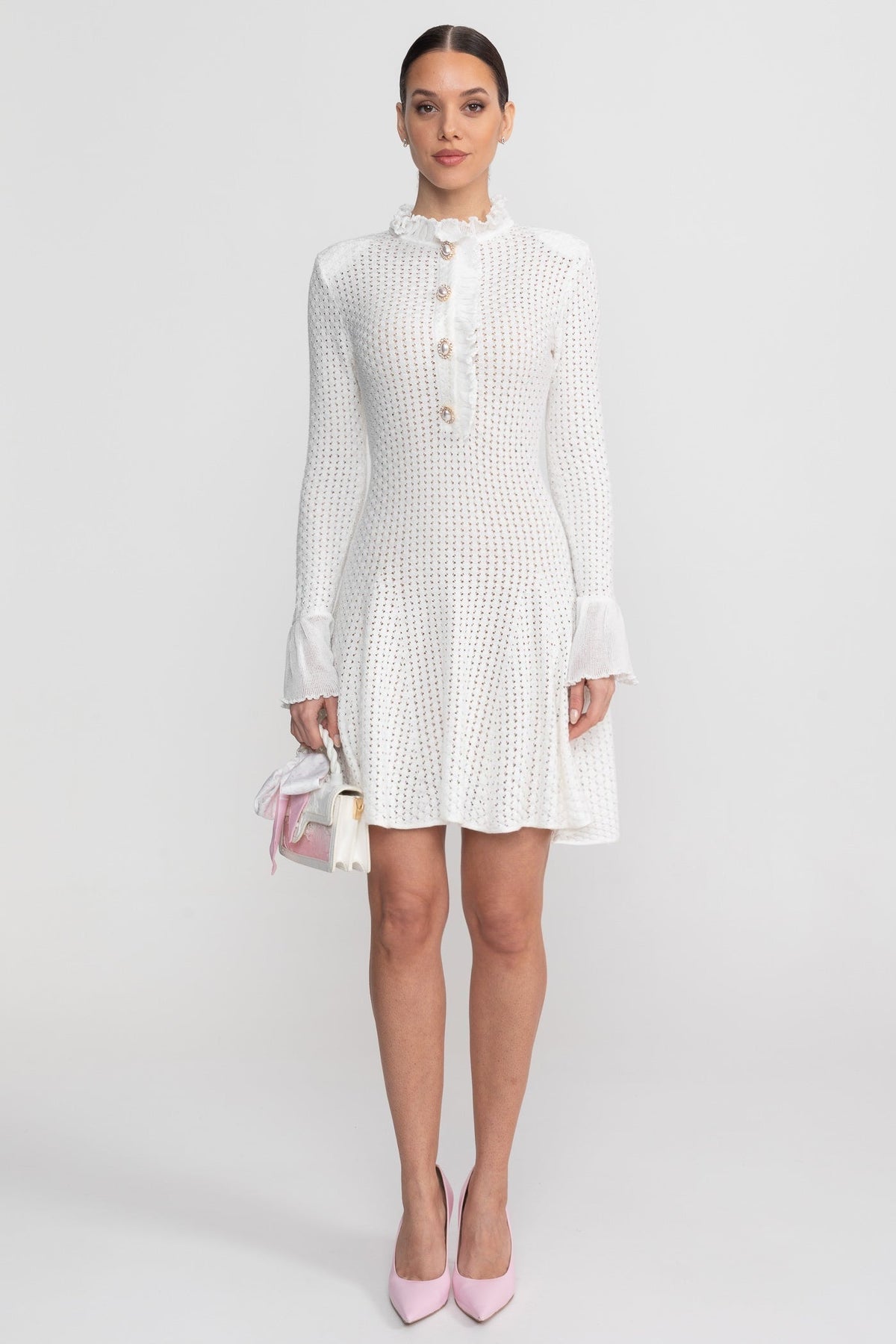 Open-Knit Ruffle High Neck Mini Dress with Pearl Button Placket – White – view 1