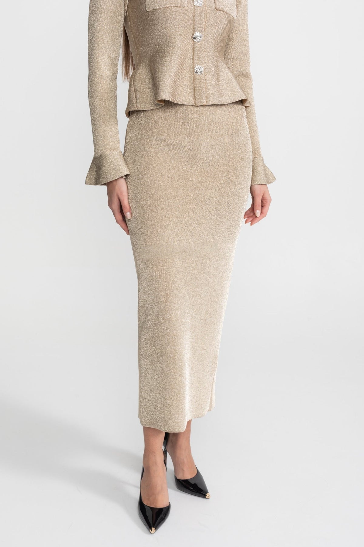 Shimmer Knit Midi Dress with Crystal Buttons and Flared Cuffs – Champagne – view 4