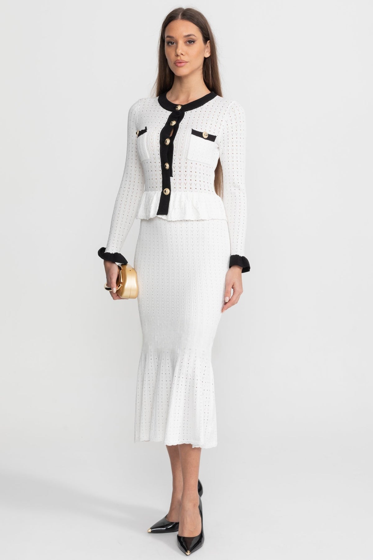 Pointelle Knit Peplum Top and Midi Skirt Set with Contrast Trim – White – view 2