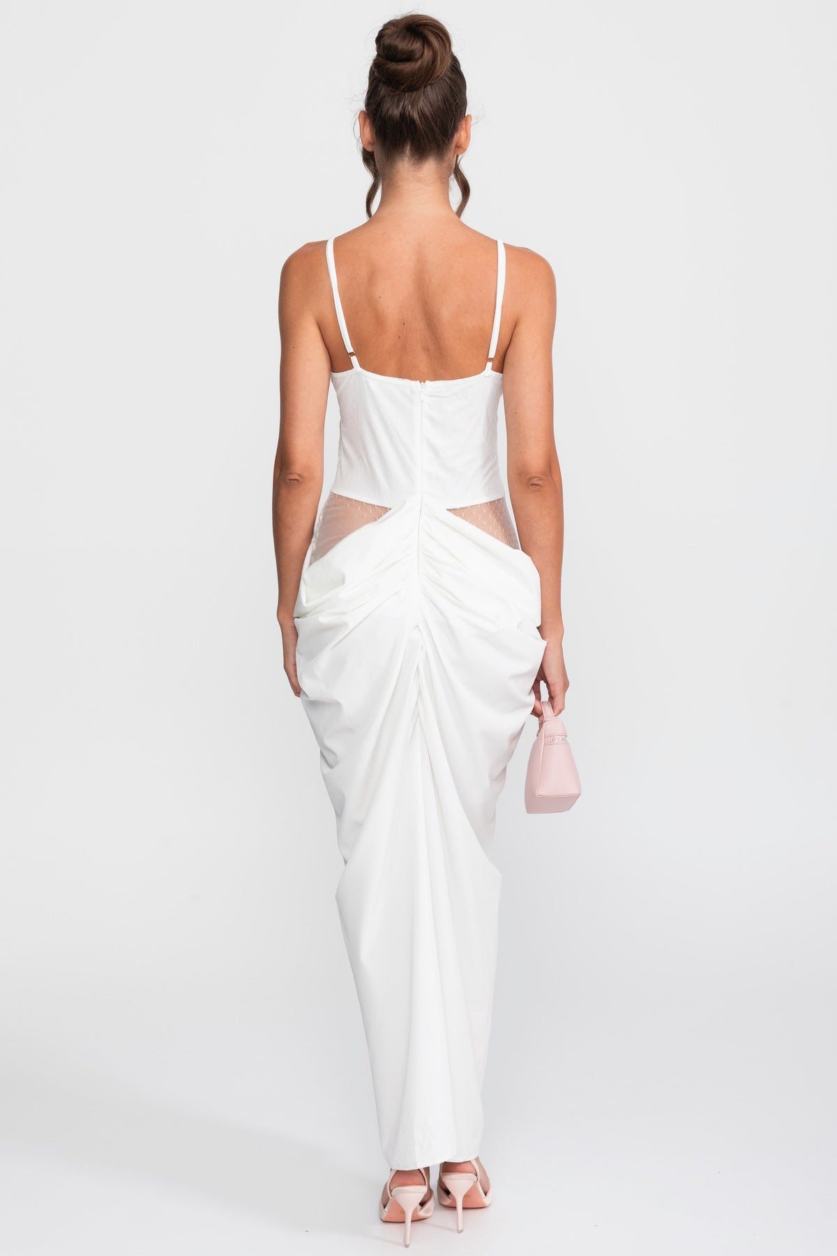 Lace Bodice Satin Draped Gown with Spaghetti Straps – White – view 3