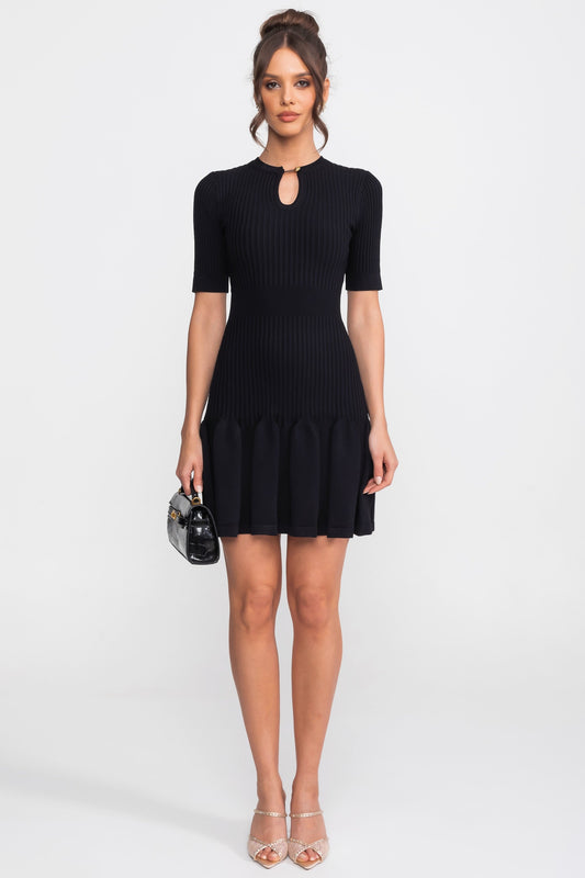 Ribbed Knit Keyhole Neck Mini Dress with Gold Button – Black