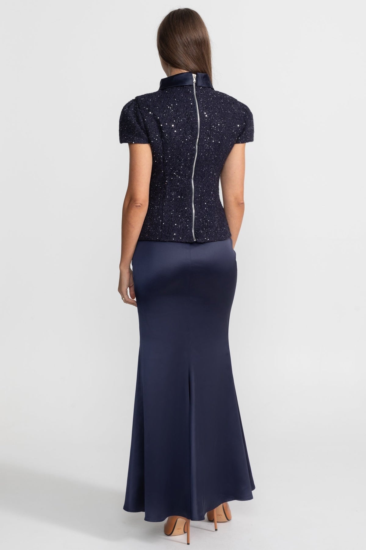 Embellished Tweed Top and Satin Maxi Skirt Co-ord Set – Navy