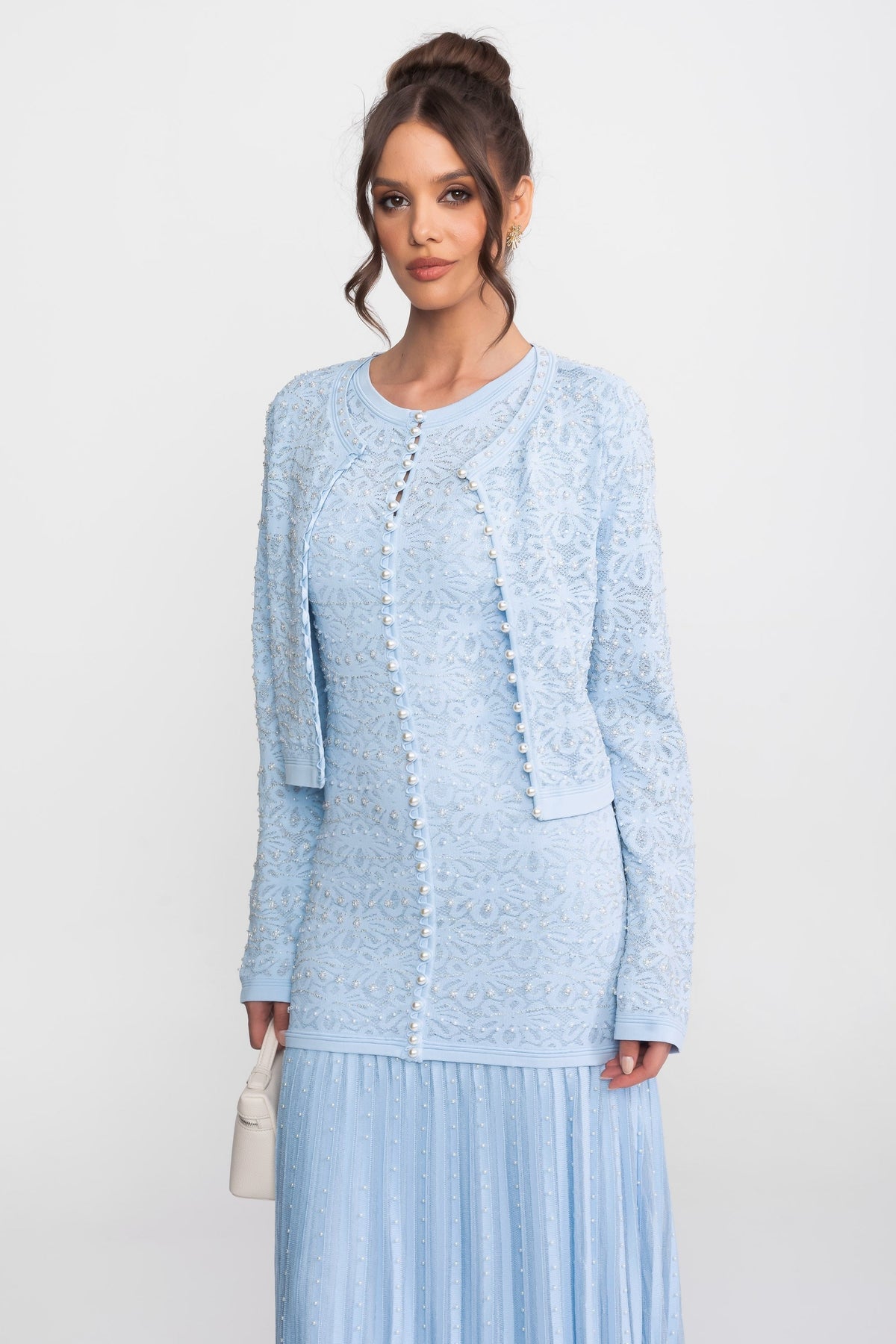 Beaded Lace Long Sleeve Cardigan with Pearl Buttons – Blue