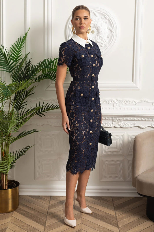 Floral Lace Shirt Collar Belted Pencil Midi Dress – Navy – view 2