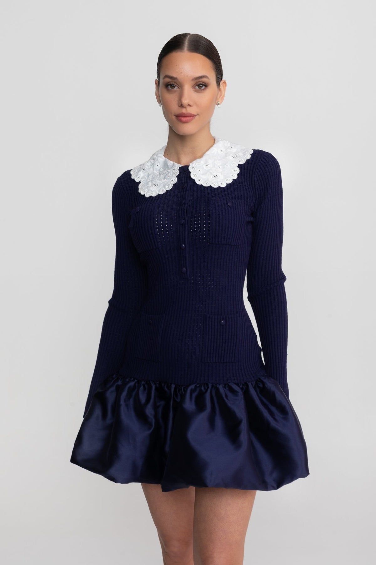 Knit Long Sleeve Mini Dress with Broderie Peter Pan Collar – Navy – view 3