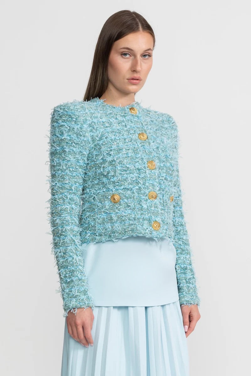 Round Neck Textured Tweed Jacket with Gold Buttons – Blue – view 2