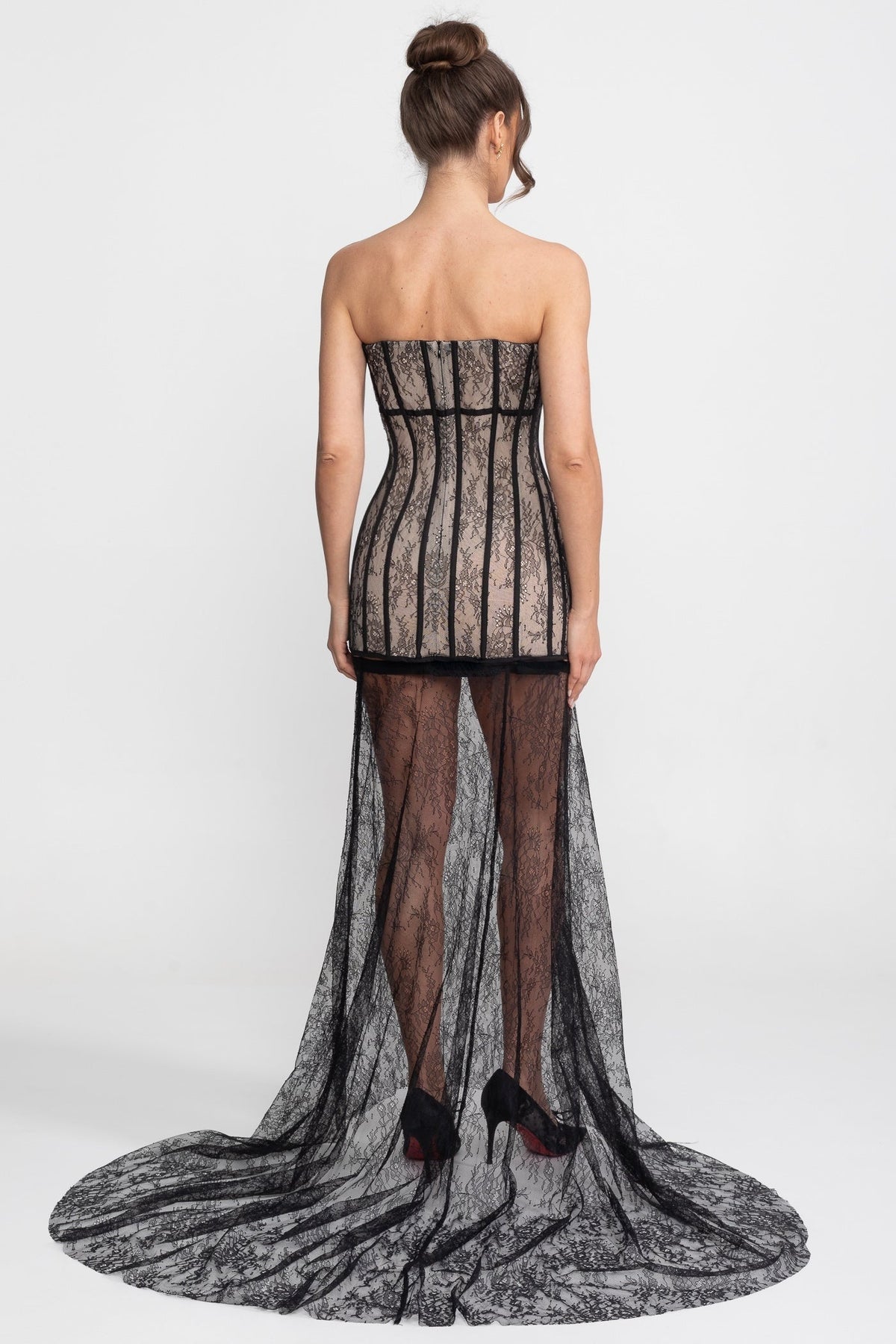 Strapless Column Maxi Dress with Detachable Ruffle Overskirt – Black – view 5