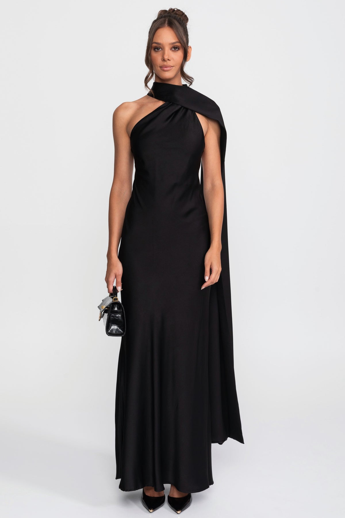 Twist Halter Satin Slip Dress with Asymmetric Neckline – Black – view 1