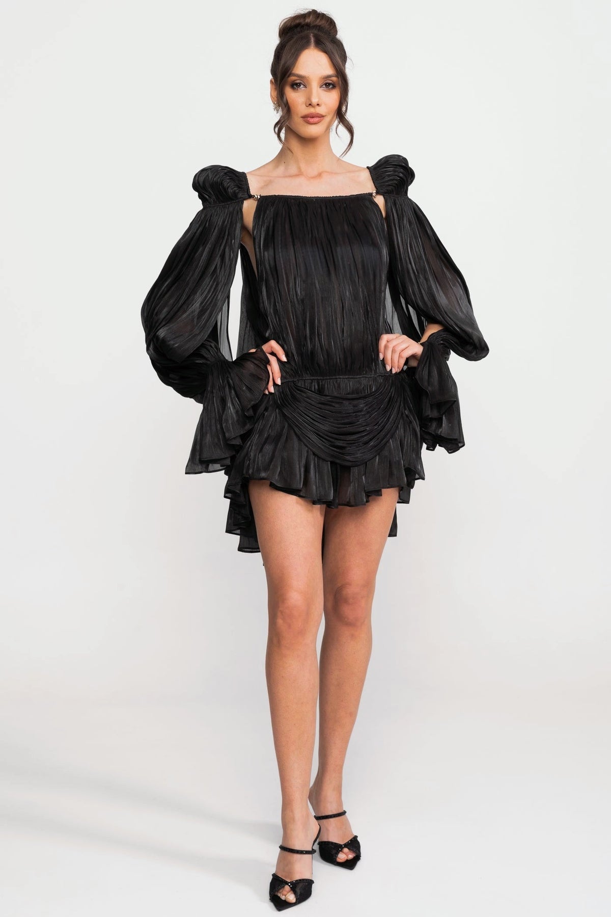 Sheer Chiffon Cape Sleeve Mini Dress with Gold Clip Detail – Black – view 1
