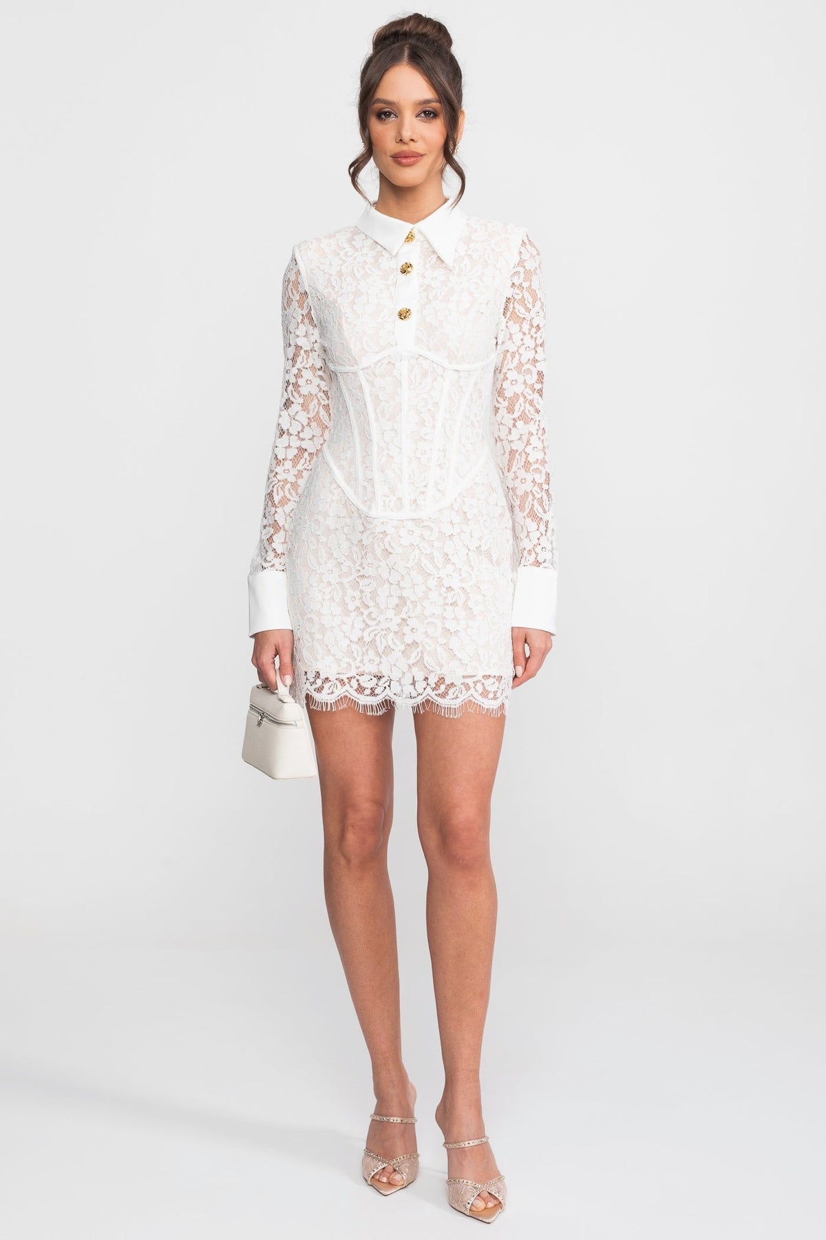 Long Sleeve Stretch Lace Mini Dress with Gold Buttons and Scallop Hem – White – view 1