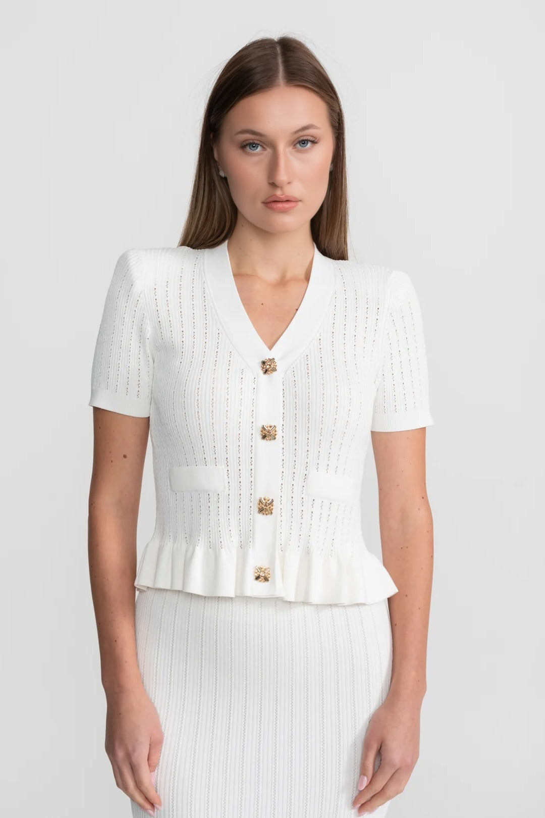Ribbed Knit Peplum Top and Midi Skirt Co-ord with Gold Buttons – White – view 2