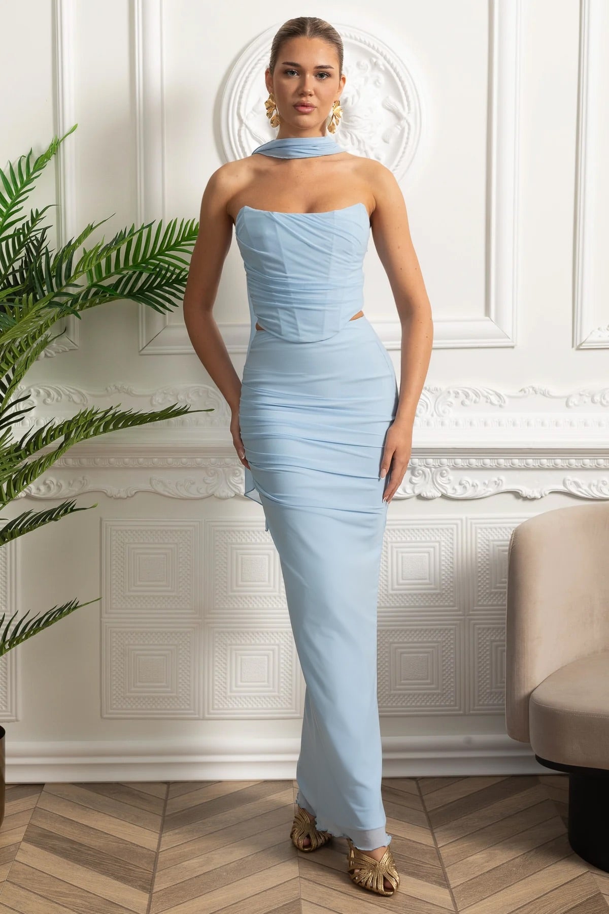 Draped Asymmetric Neckline Corset Top and Ruched Maxi Skirt Set – Sky Blue