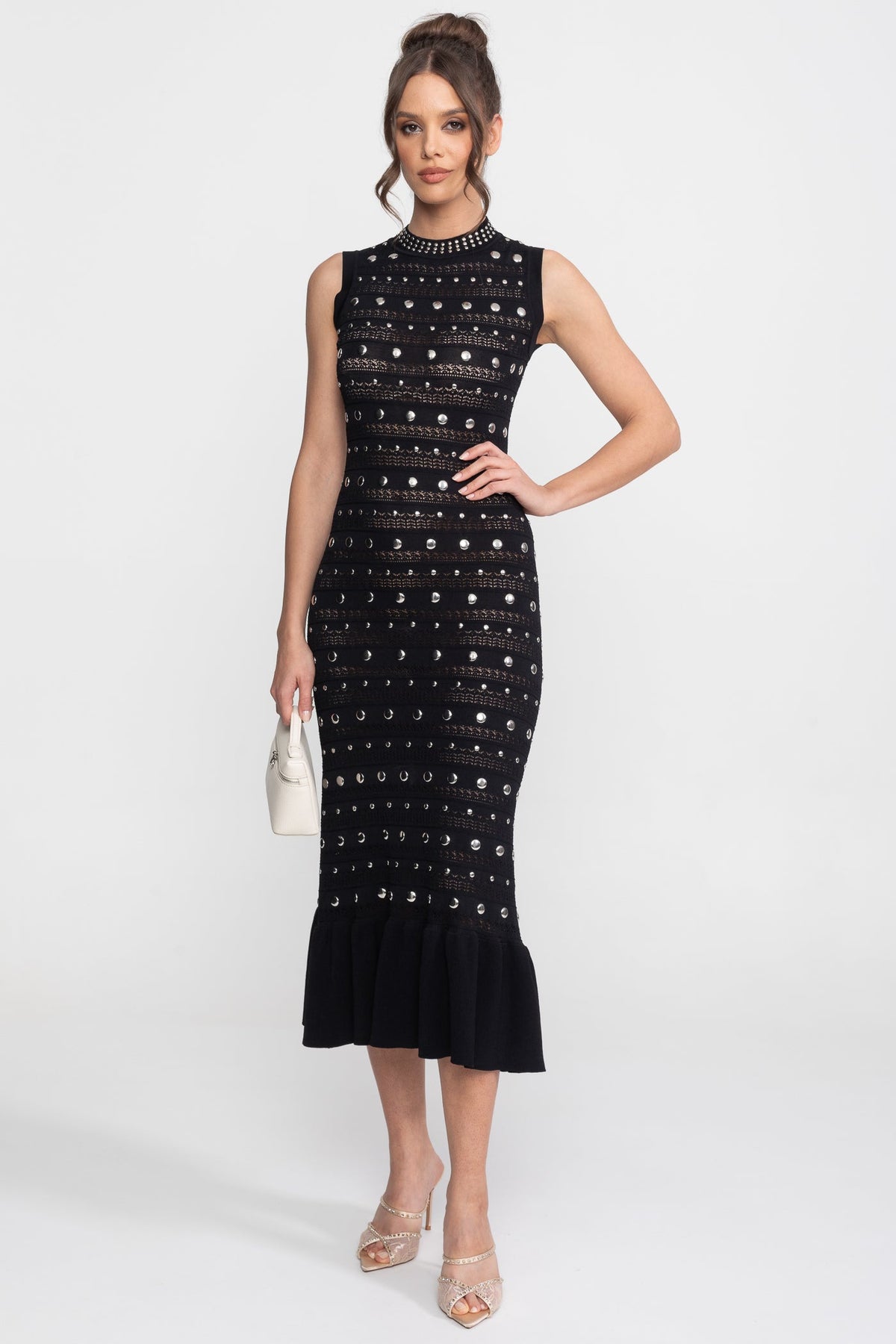 Sleeveless Mock Neck Embellished Knit Midi Dress with Ruffle Hem – Black – view 3