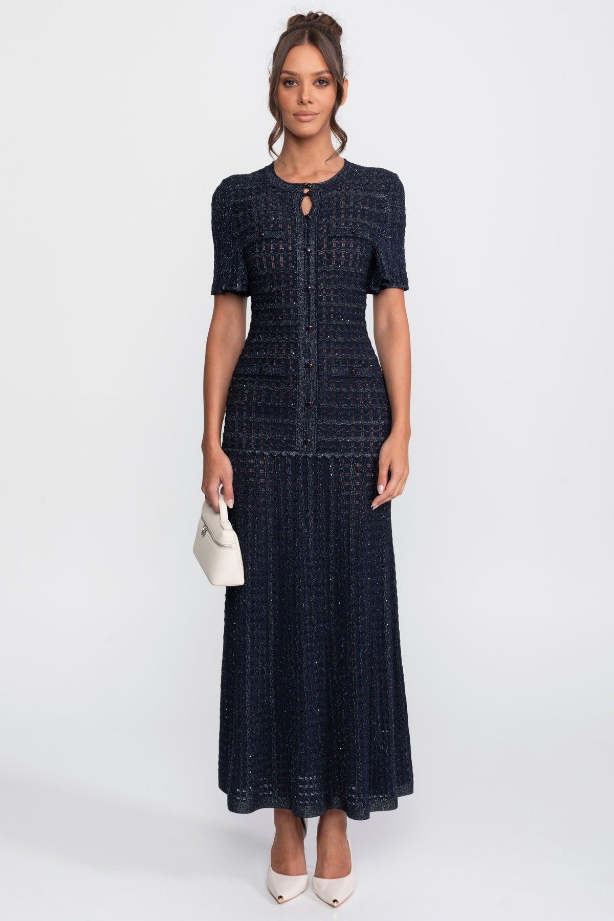 Shimmer Knit Button Front Midi Dress with Pleated Skirt – Navy