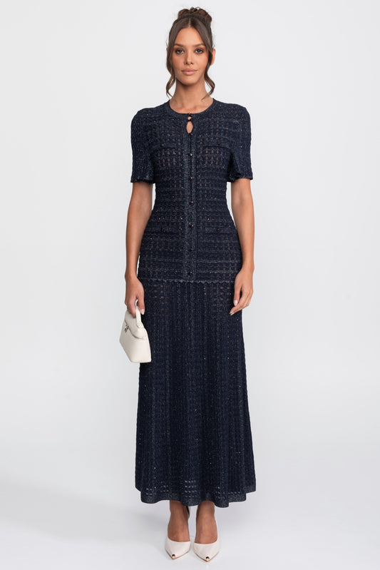 Shimmer Knit Button Front Midi Dress with Pleated Skirt – Navy