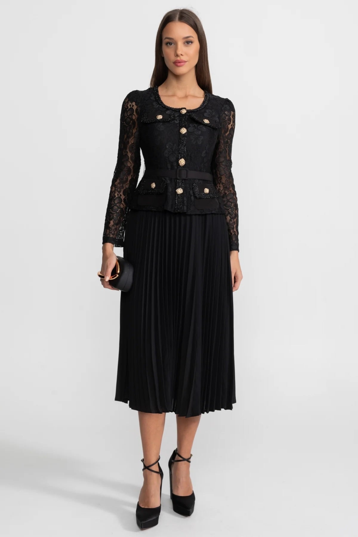Lace Bodice Pleated Chiffon Midi Dress with Gold Buttons – Black – view 1